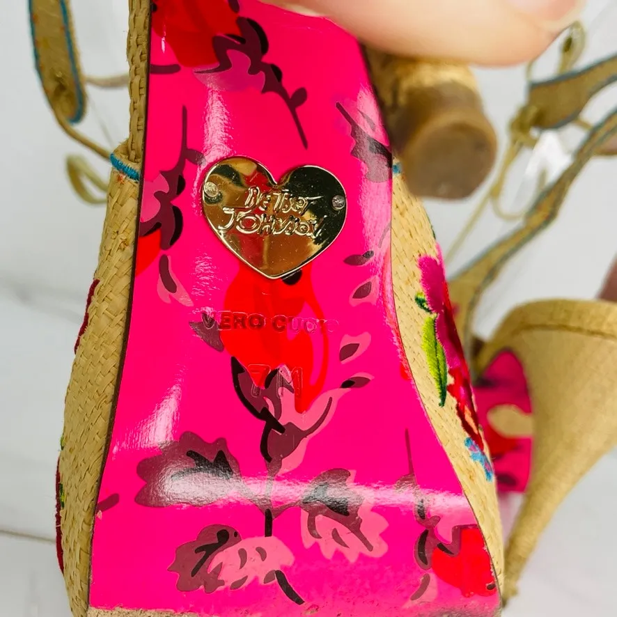 Betsey Johnson Floral Embroidered Peep Toe Heels Size 7 Ankle Wrap Tie - Image 5