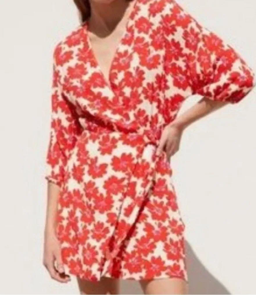 Zara Red Floral  Print Wrap Mini dress Size S - Image 2