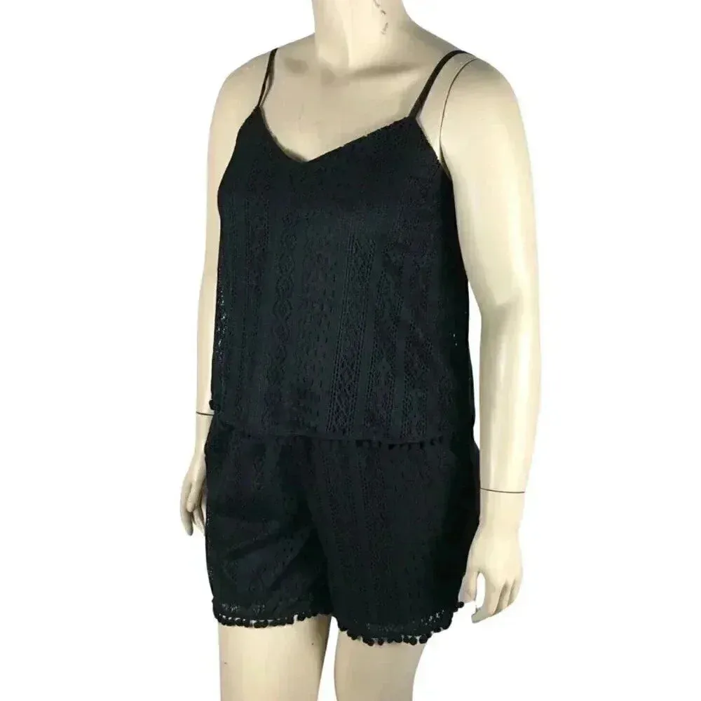 AMERICAN RAG Plus Size Pom Pom Trim Romper, Black, 0X - Image 2