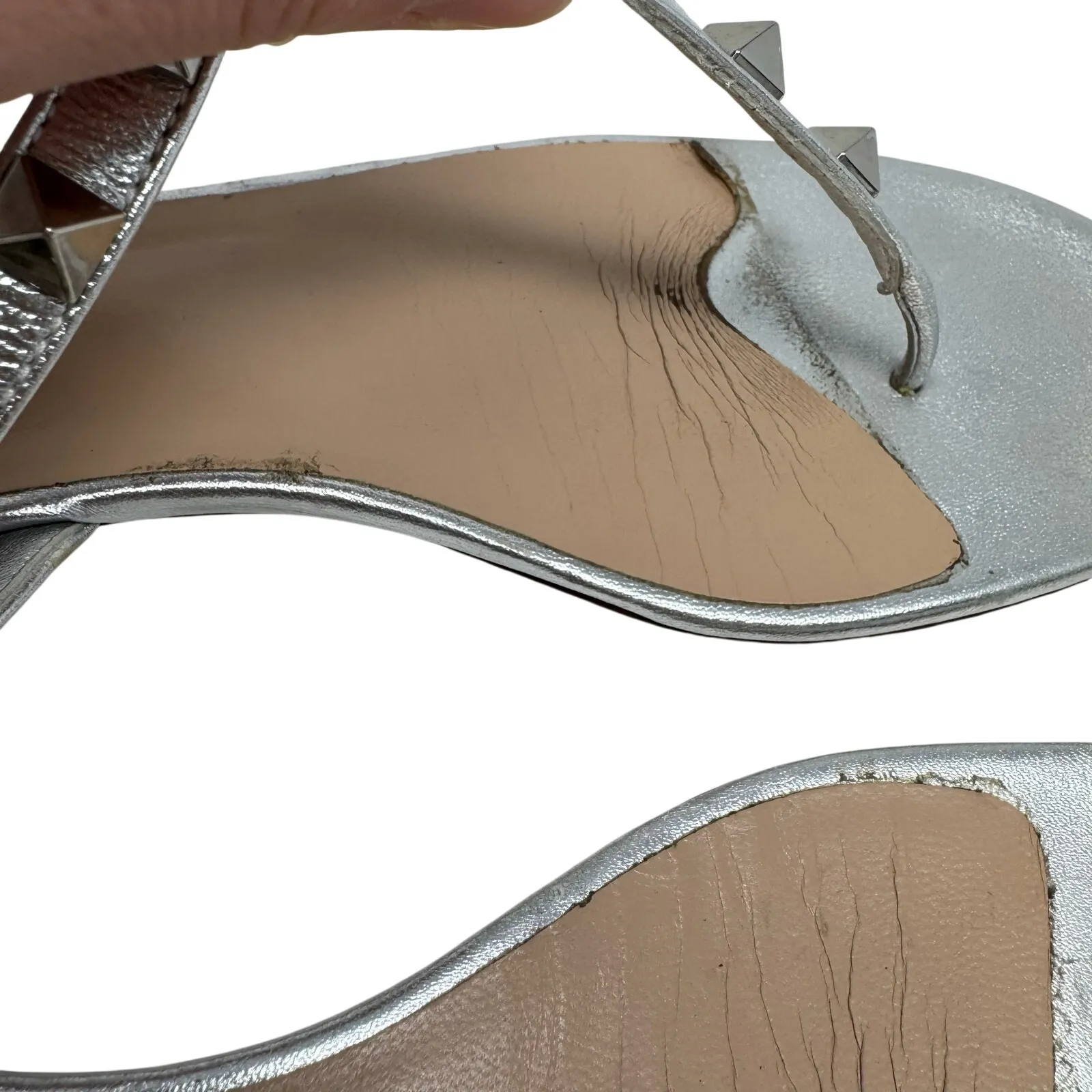 Valentino Garavani Silver Rockstud Flat Sandals Studded Leather Size 37.5 - Image 5