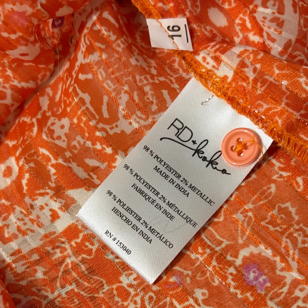RD and KoKo Vibrant Orange Floral Sheer Bohemian Blouse Size Large - Image 13