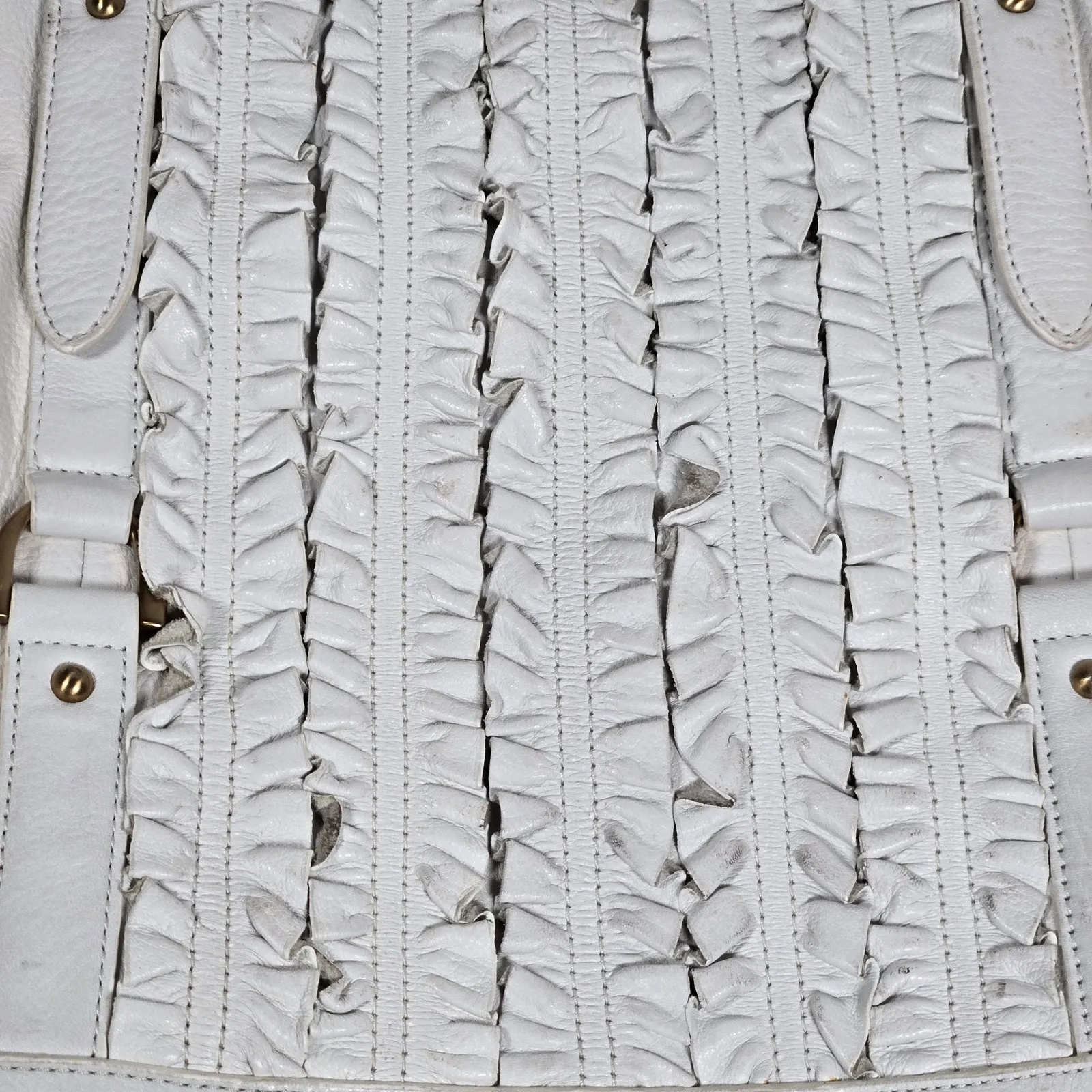 Tahari White Leather Ruffle Accent‎ Tote Bag Shoulder Bag Gold Hardware Dome - Image 7