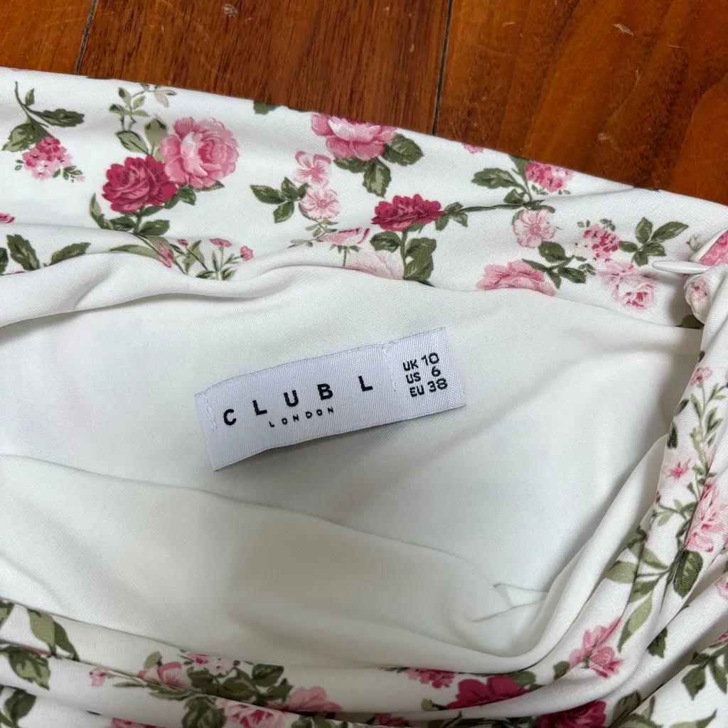 Club L Late Night Pink Floral Print Ruched One Shoulder Midi Dress 6 White - Image 4