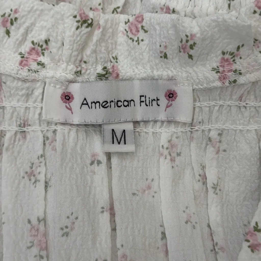 American Flirt White & Pink Floral Peplum Hem Tie Front Top Size M - Image 4