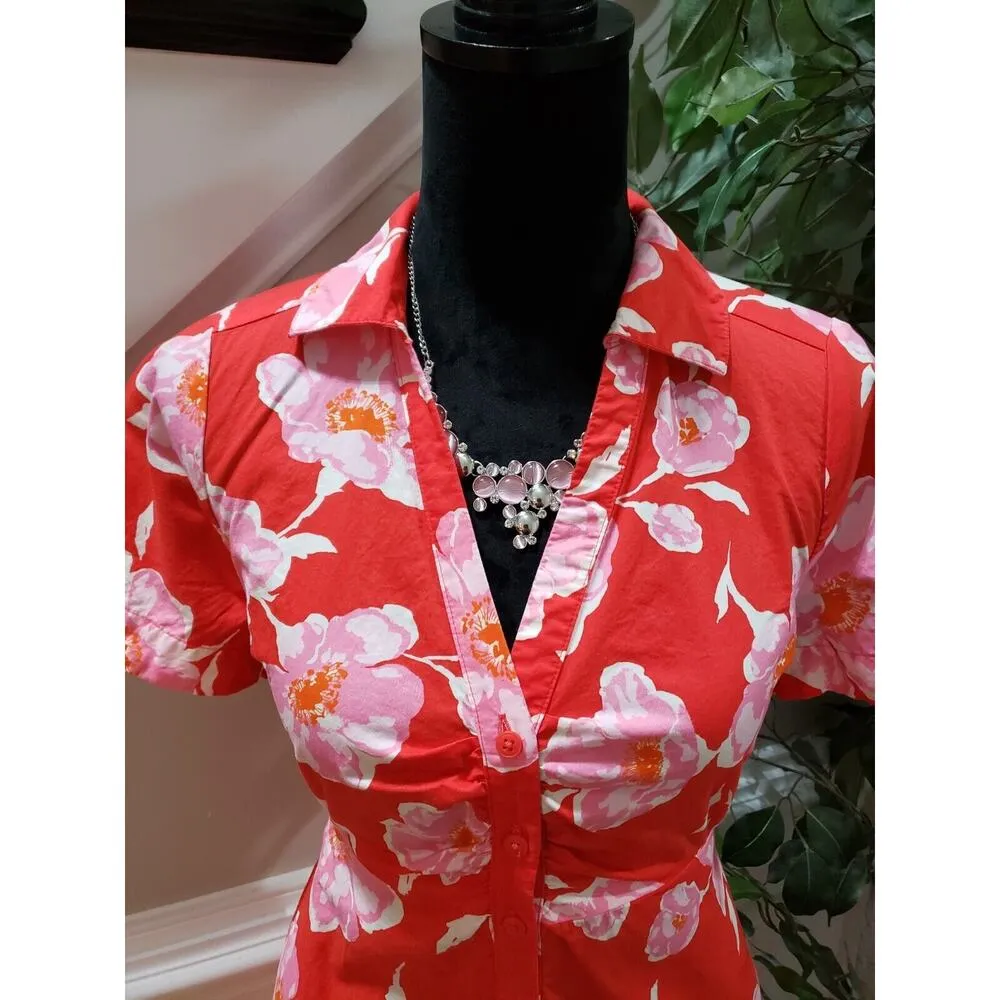 Old Navy Women's Red Floral 100% Cotton V-Neck Short Sleeve Knee Length Dress S - Image 2