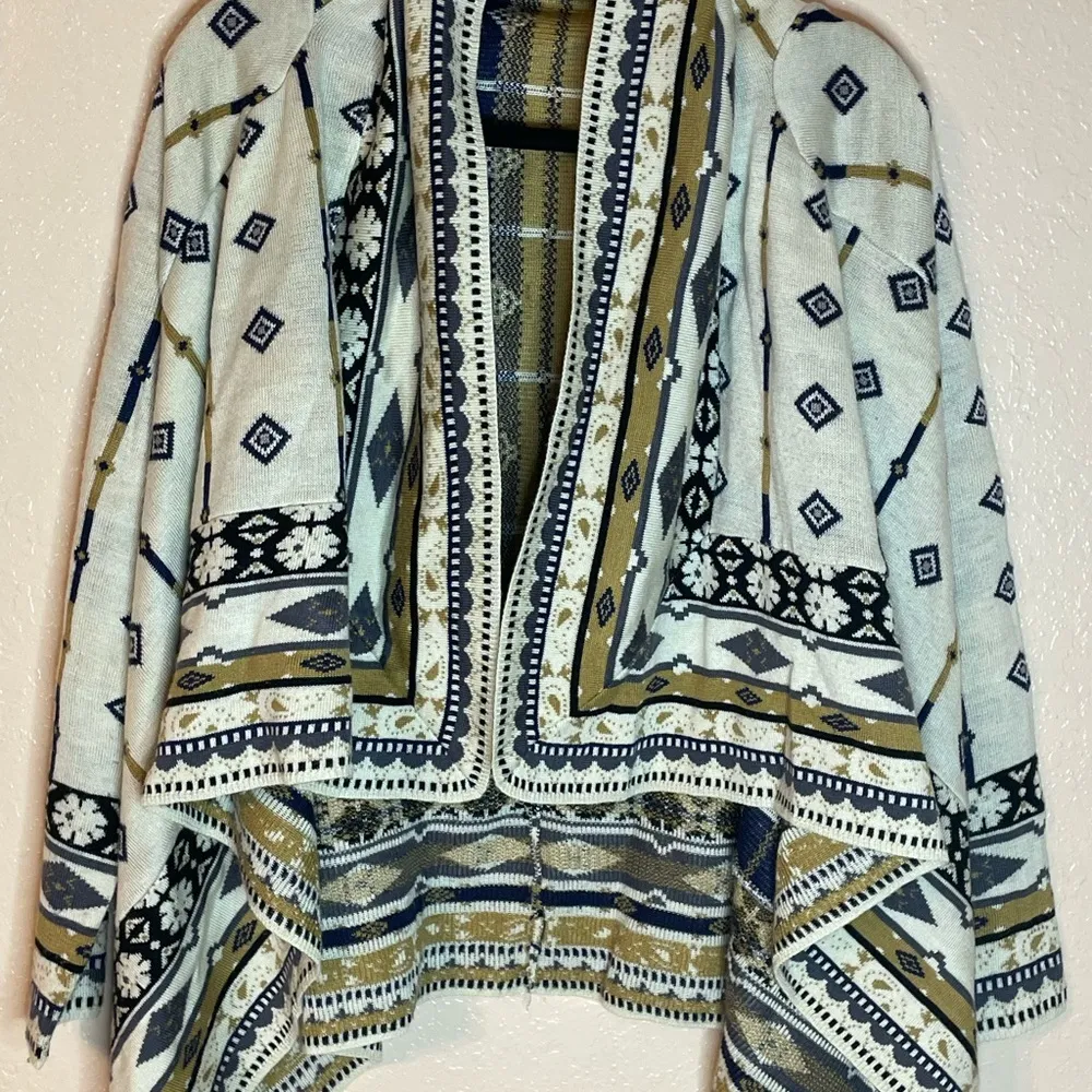 Like New Sweater Cardigan by Freeway Size S Gold, Cream, Navy, and Black colors. - Image 2