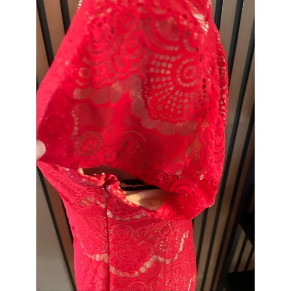 Bebe nudue red beige lace low back floral stretch bodycon top dress medium NWT - Image 3