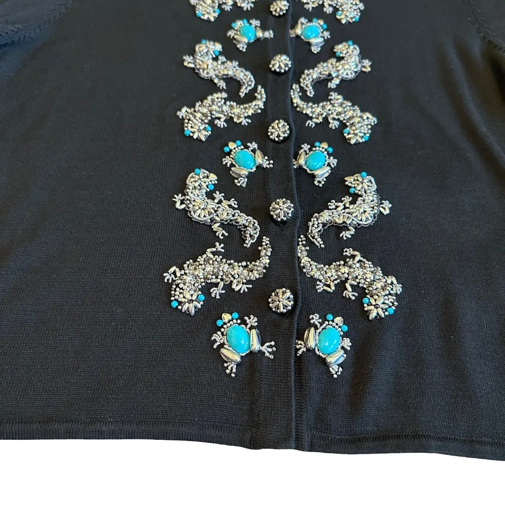 Michael Simon Vintage Retro Cardigan Sweater Turquoise Beaded Gecko Frog Large Black - Image 5