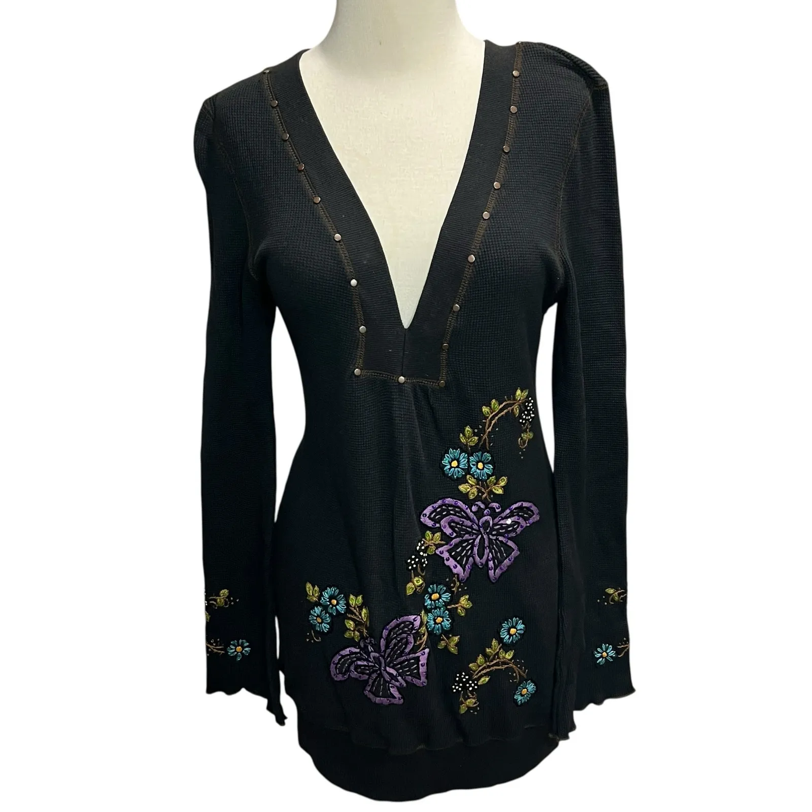 Soul Revival Y2K Waffle Knit Tee Large Black Floral Butterfly Embroidered Boho - Image 2