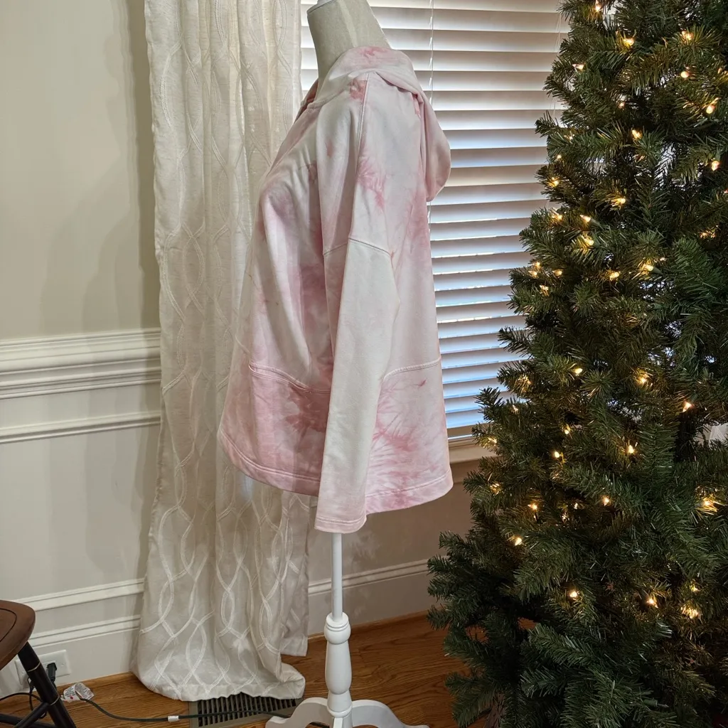 Melloday Tie Dye Hoodie Long Sleeve V Neck Pullover Pink White pockets XL - Image 4