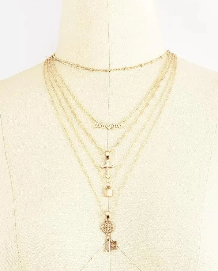 Boutique Lock Key Cross Pendant Multilayered Chain Necklace  - Image 2