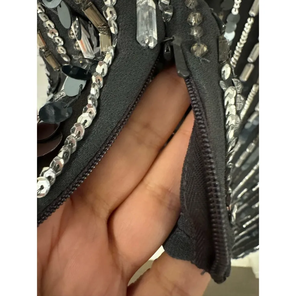 Mac Duggal Size 14 $598 NWT Embellished High Neck Long Sleeve Midi Dress Gray - Image 11