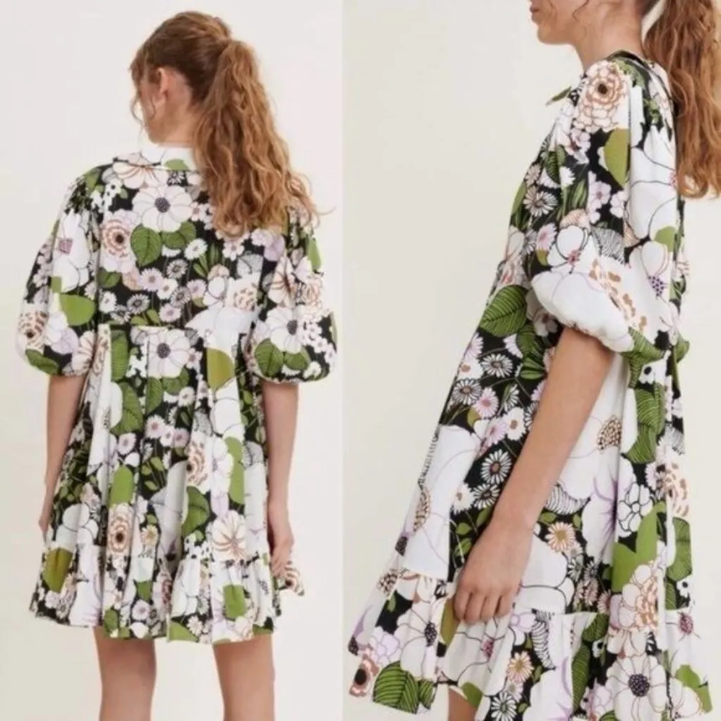 Maje Rafleur Puff Sleeve Floral Poplin Mini Dress 34 Neutral XS Ruffle Vneck - Image 5