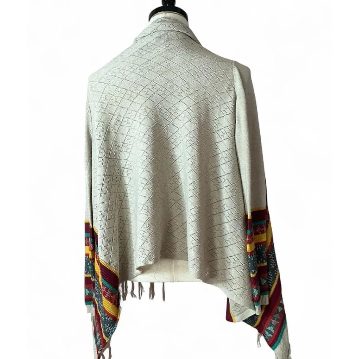 Noble Boho Fringe Shawl Aztec Print Open Front Cardigan Cover Up Duster‎ Layer Tan Size M - Image 3