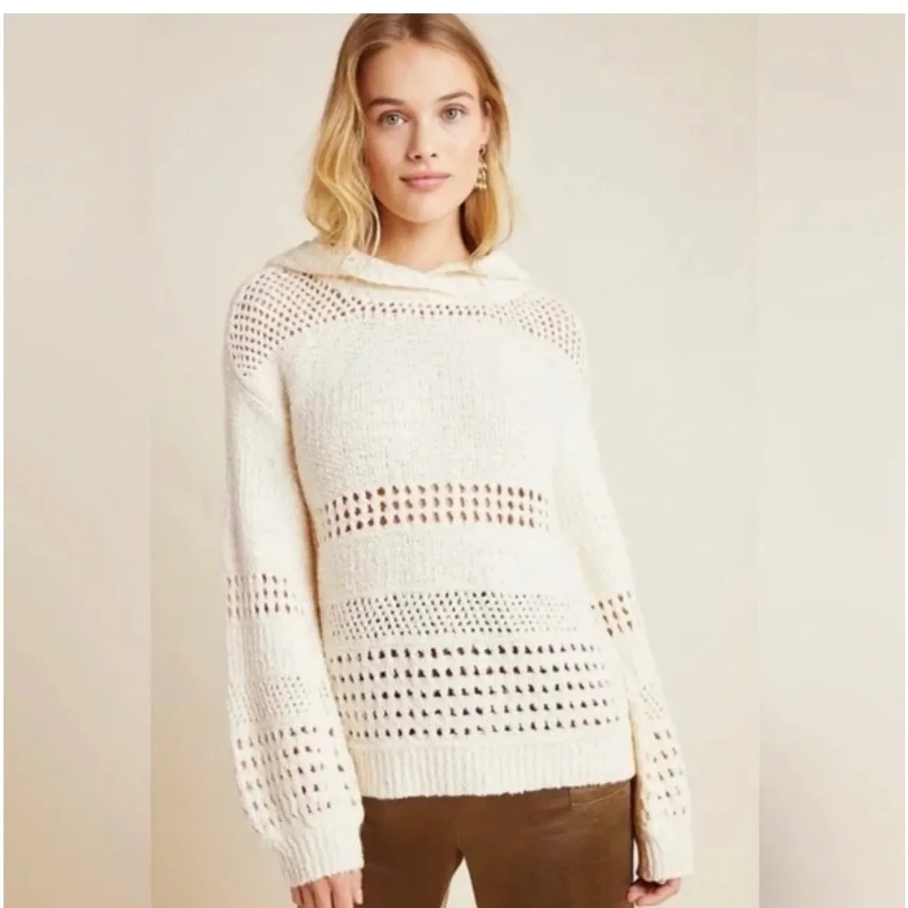 ANTHROPOLOGY Hooded Knit Sweater in ivory Size XS - Image 2