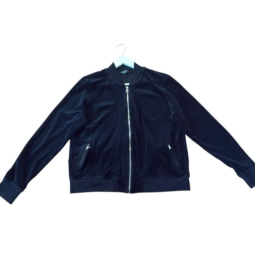 Lauren Ralph Lauren NWOT black velour velvet bomber style full zip sweater XL - Image 2
