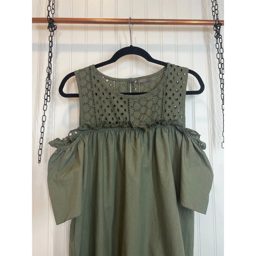 LUMA Khaki Cotton Cold Shoulder Ruffled Mini Dress Size L Made in Italy Tan Size L - Image 2