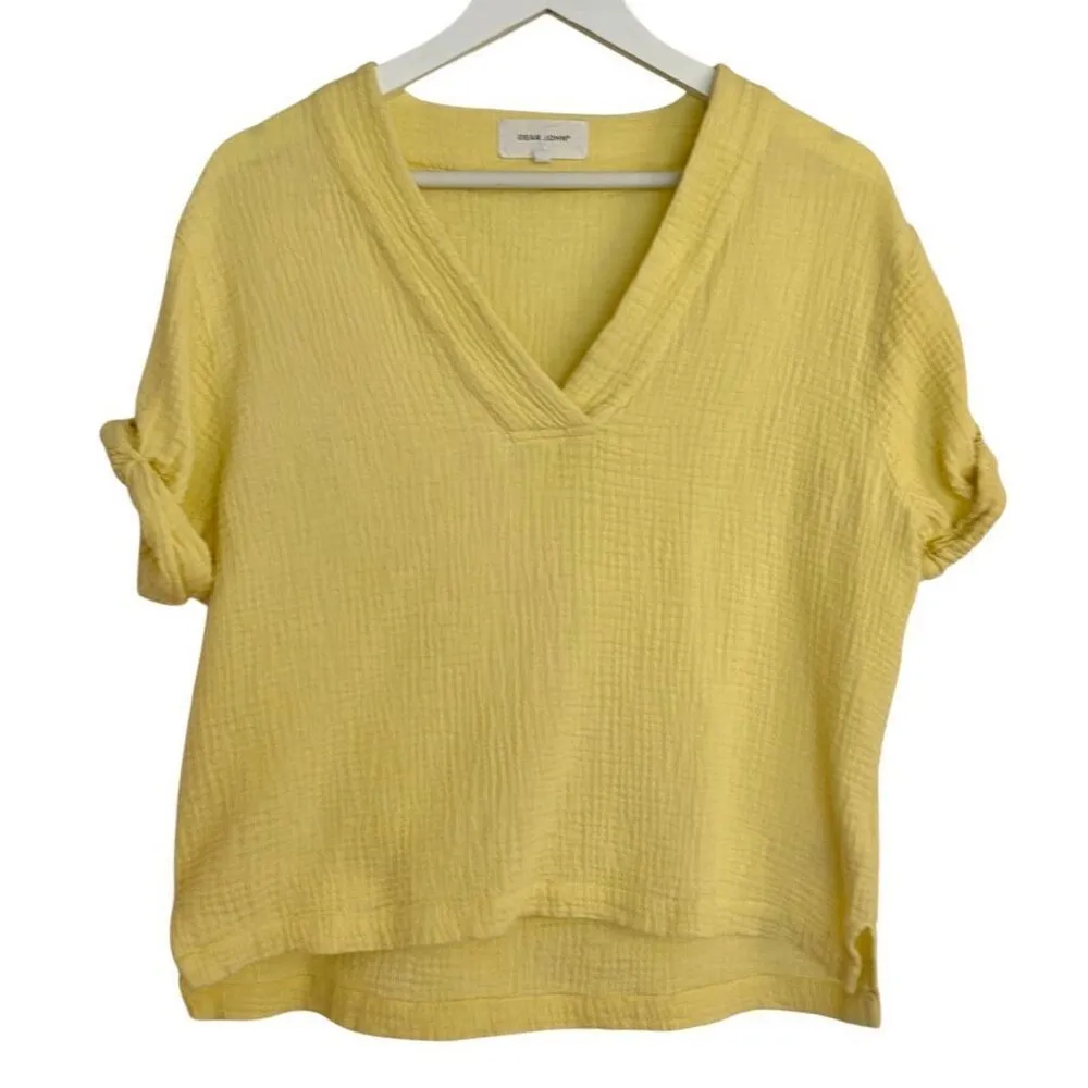 Dear John yellow gauze rolled cuff vneck top size M - Image 2