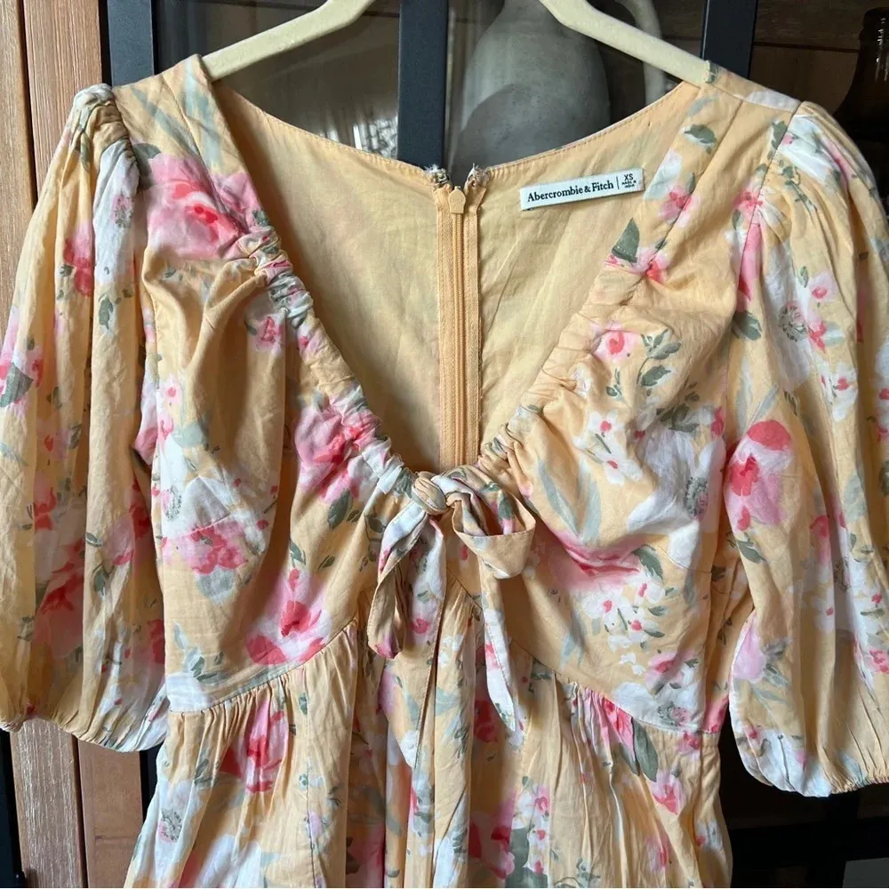 Abercrombie floral babydoll mini dress tie front bow puff short sleeves cinched - Image 3