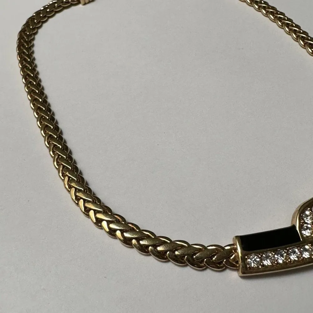 Swarovski Swan Signed Black Enamel / Crystal Rhinestone / Gold Tone Necklace - Image 3