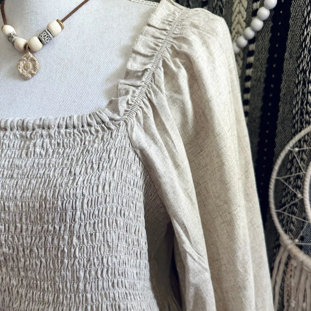 Grace + Karma Viscose/Linen Blend Smocked Flowy Balloon Tie Sleeve Blouse Size M - Image 3