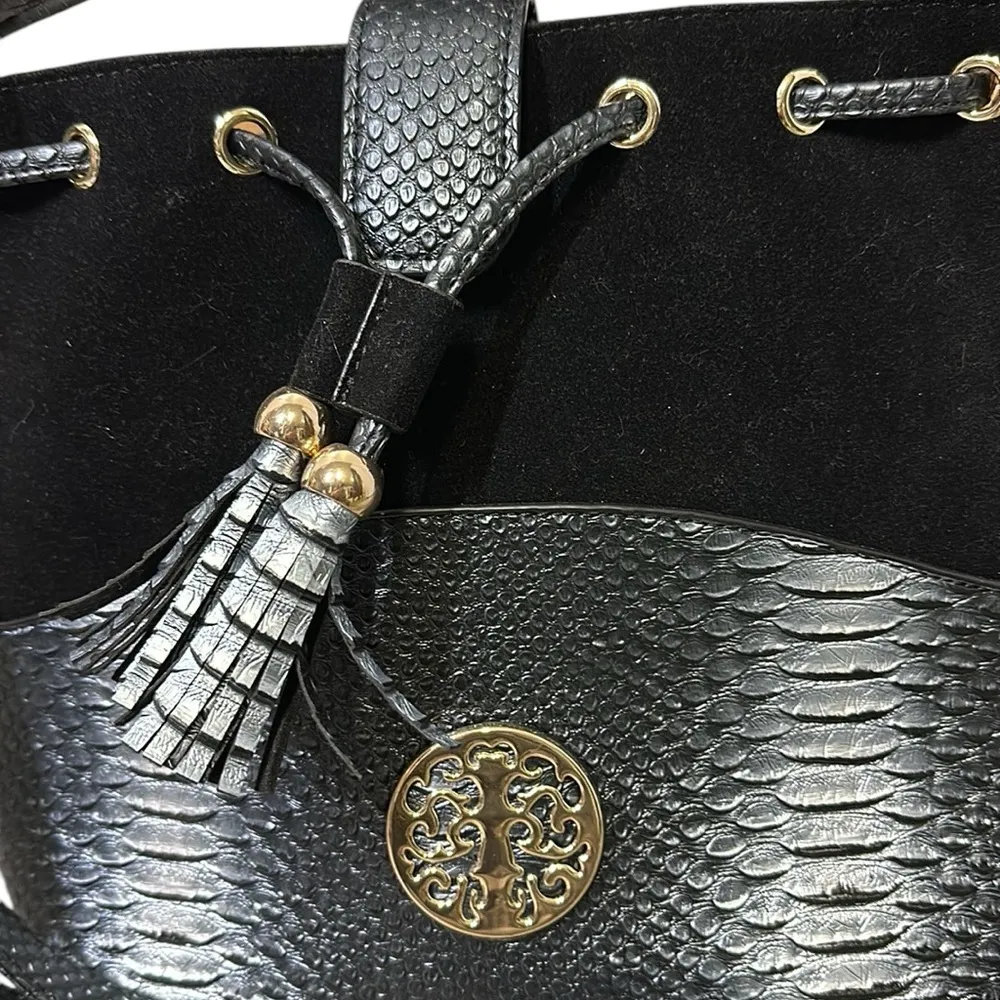 Black Gray Snake Skin Textured Print Shoulder Bag Satchel Handbag Large Purse - Image 4