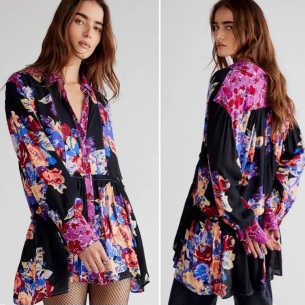 Free People Bunch‎ A Brunch Tunic Top Dress Black Motif Pink Purple Floral Small - Image 2