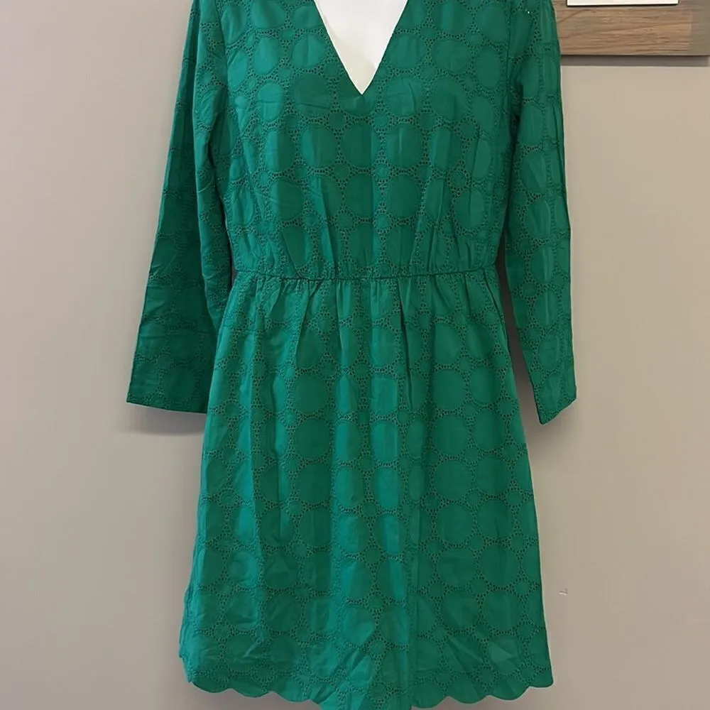J. Crew Green Lined Eyelet Long Sleeve Dress-  with Scalloped Details-Size 4-NEW - Image 4