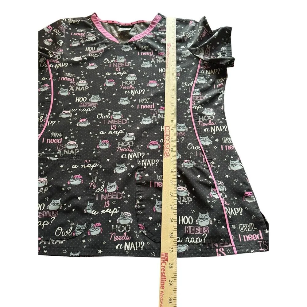 Owl Scrub Top Heart Soul Women's Large Hoo Needs A Nap Print V-Neck Pink Black - Image 7