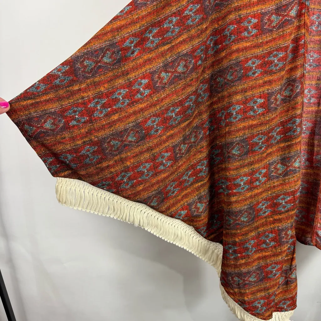 Aggie Colorful Southwest Patterned Open Fringe Sheer Cardigan Size Small Red - Image 3