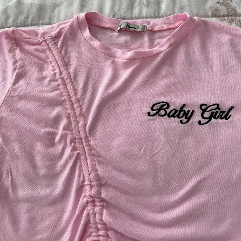Papaya “Baby Girl” pink embroidered gathered cotton modal crop top, size S boho - Image 7