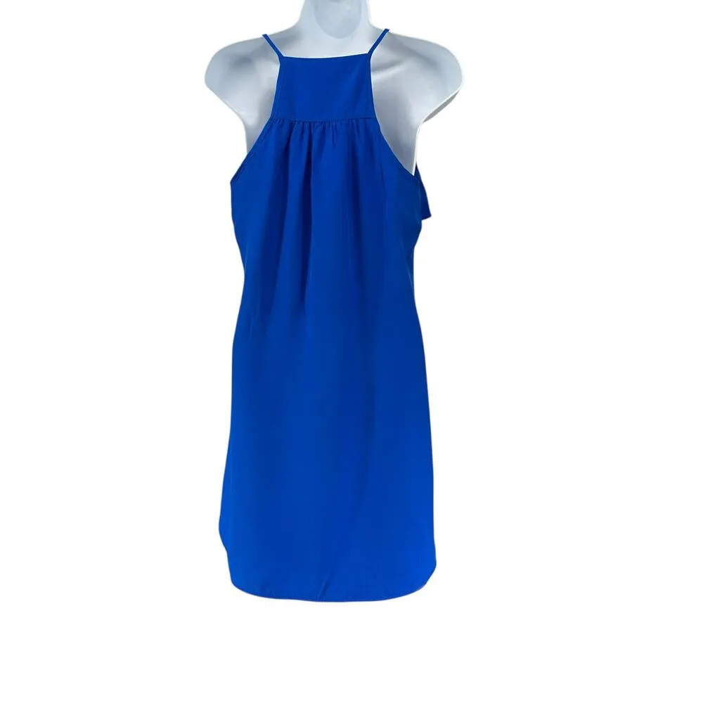 Britt Ryan 100% Silk Saphire Blue Mini Shift Dress Ruffle Top Spaghetti Strap XS - Image 4