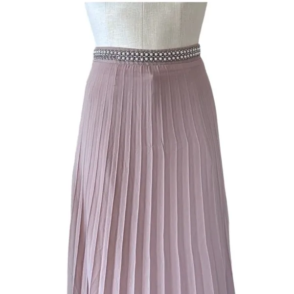 NEW HAUTE MONDE PLEATED CHIFFON MAXI SKIRT PEARL WAISTBAND MAUVE - Image 5