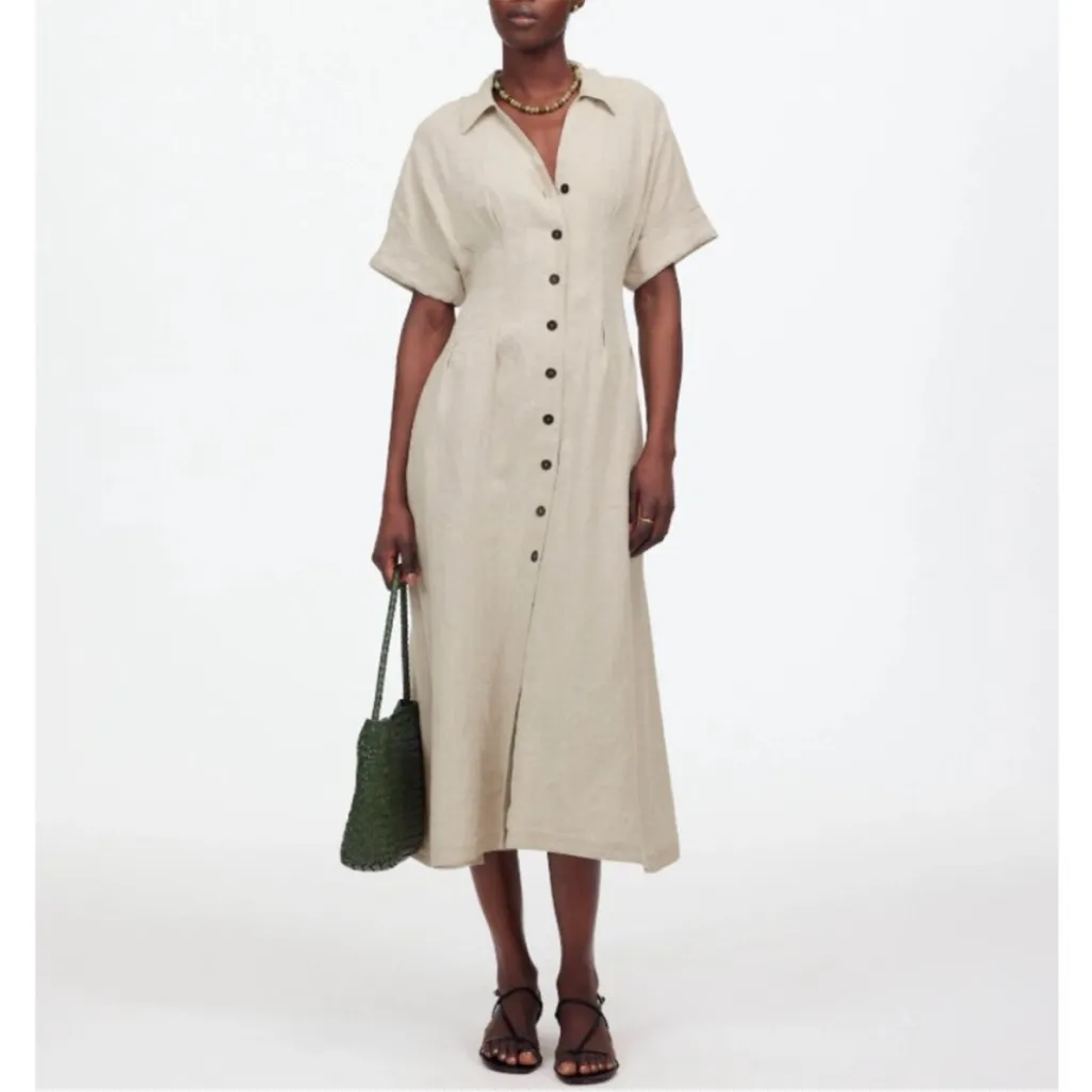 Madewell Pleated Midi Shirtdress in 100% Linen Womens oat - Image 2