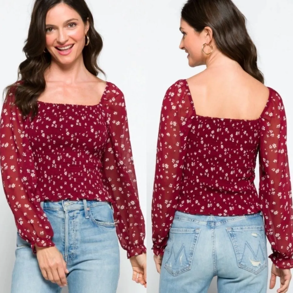 Lush‎ reyna ditzy floral smocked top on burgundy floral - Image 2