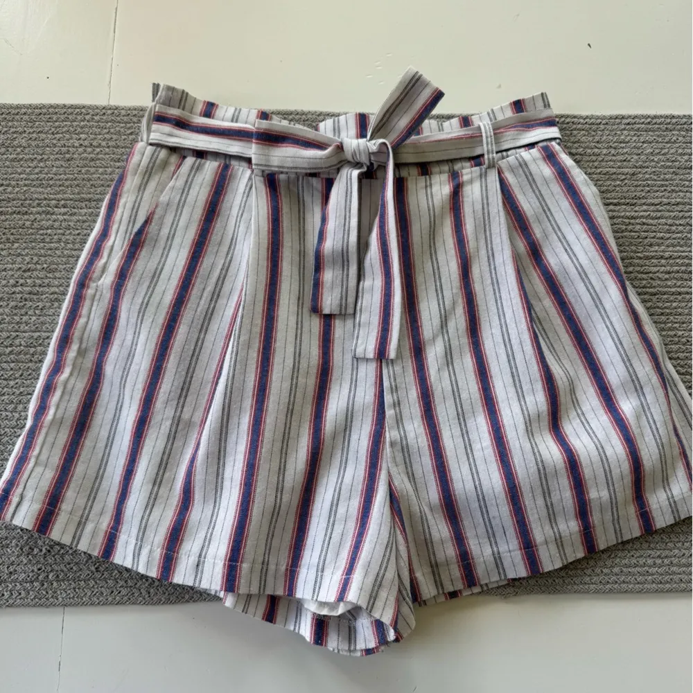 Red White Blue Striped Linen Blend Tie Waist Shorts Size Large - Image 8