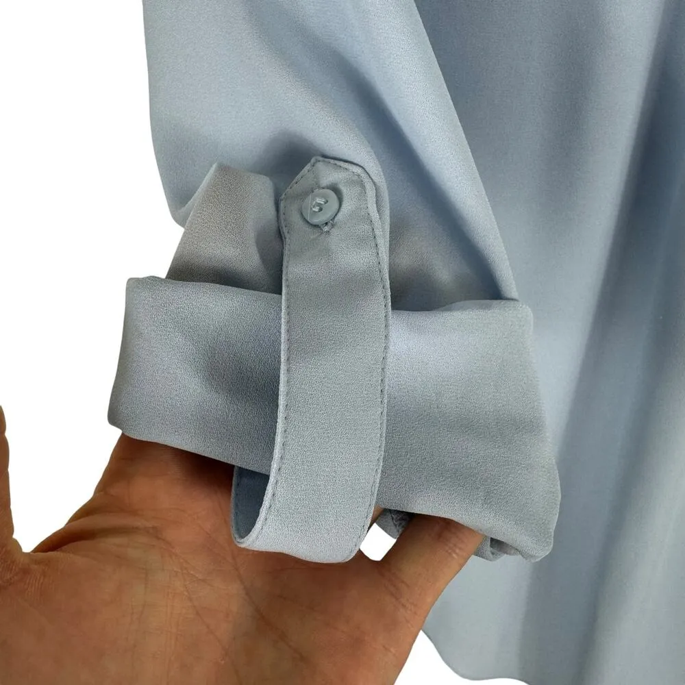 Maison Jules Light Blue Lightweight Long Roll Tab Sleeve Split Neck Blouse Sz XS - Image 4