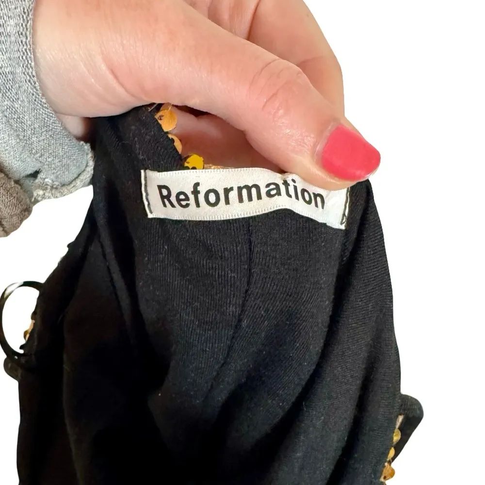 Reformation Roxi Sequin Mini Bodycon Party Dress in Waldorf Gold Disco - Image 10