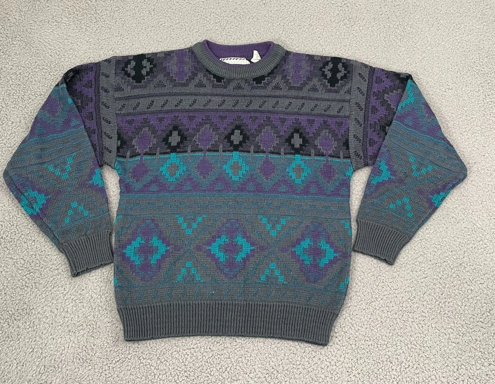 VTG Explosive Saturdays Styling Sweater Women M Geometric Knit 90s Pullover Gray Size L - Image 1