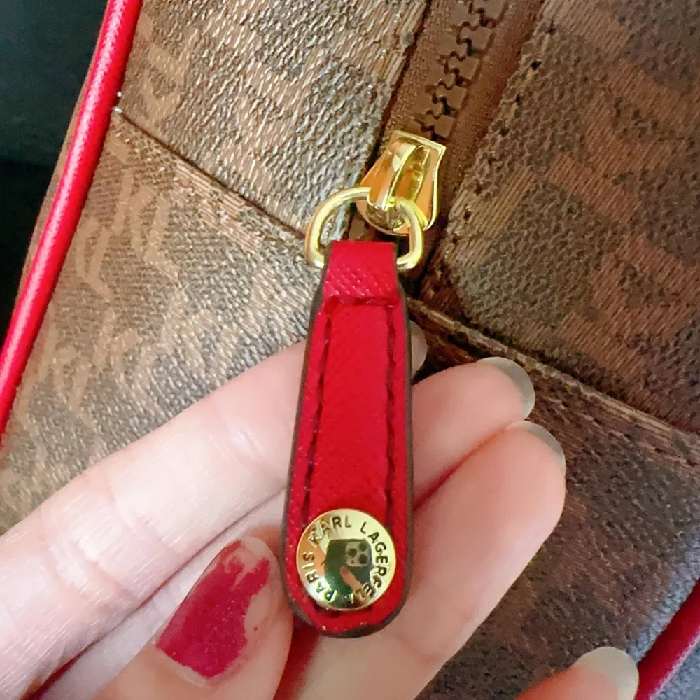 Karl Lagerfeld Backpack Brown Logo Red Line Front Zip Pouch 3 charms NWT $198 - Image 7