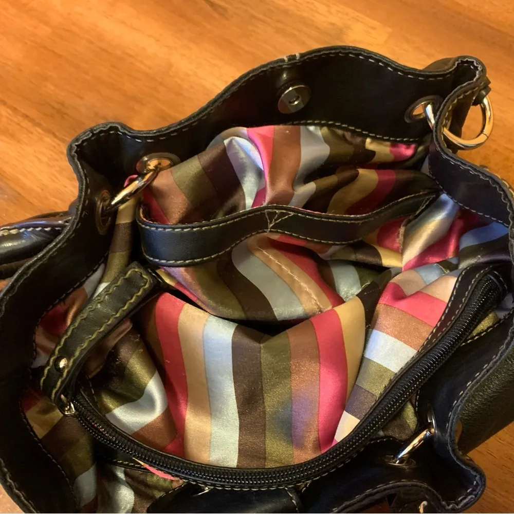Tignanello Shoulder Bag Black Leather Purse Multi color stripe lining - Image 10