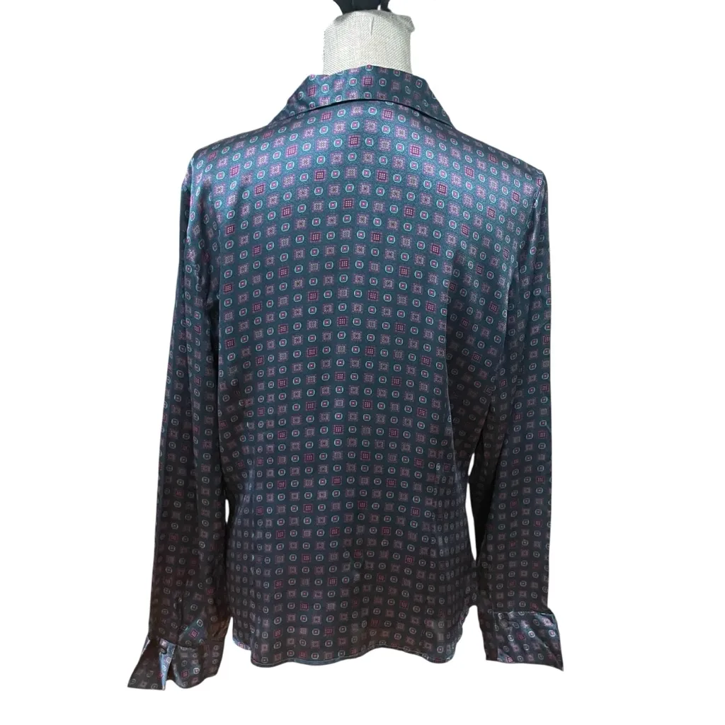 Alfani 100% Silk Blouse Women’s Size 16 Geometric Print Button Down Long Sleeve Blue - Image 3