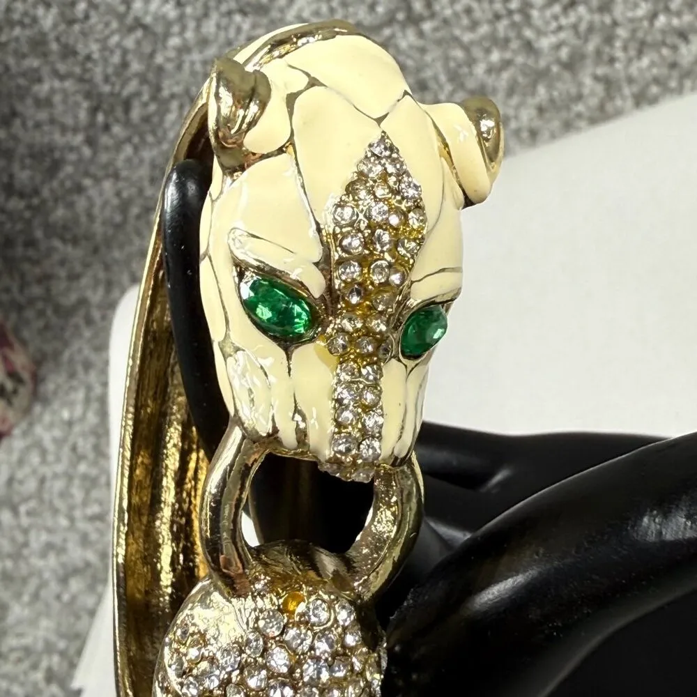 Vintage Jaguar Panther Head Clamper Style Bracelet Green Eyes Rhinestone Enamel - Image 5