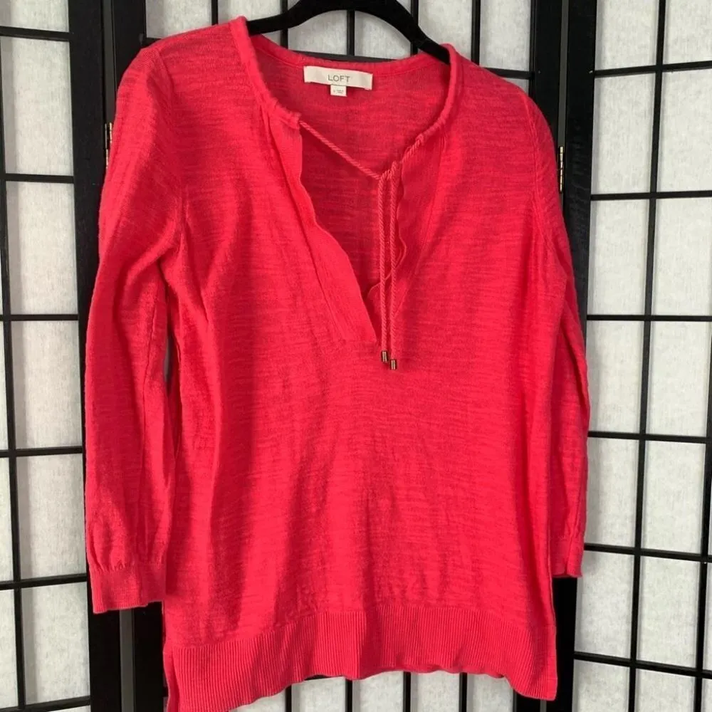 Ann Taylor LOFT Knitted Tie V-Neck Quarter Sleeve 3/4 Blouse Top Pink Small - Image 2
