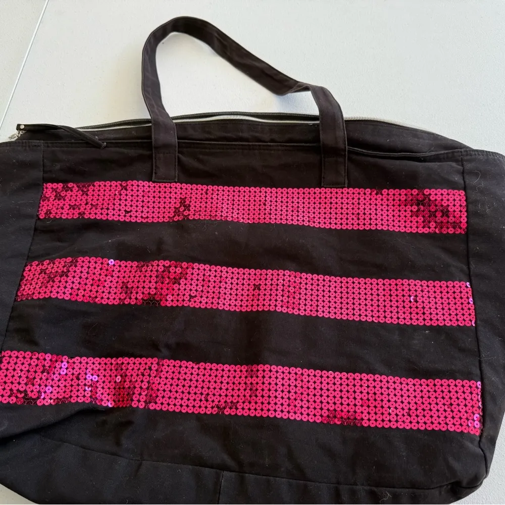 Victoria's Secret Tote Bag Large Striped Canvas Black/fuchsia Sequins Shoulder - Image 7
