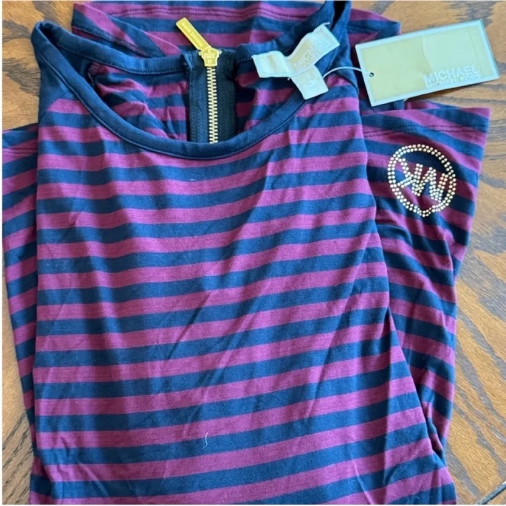 MICHAEL Michael Kors Navy and Burgundy Striped Long Sleeve Tee Blue Size L - Image 14