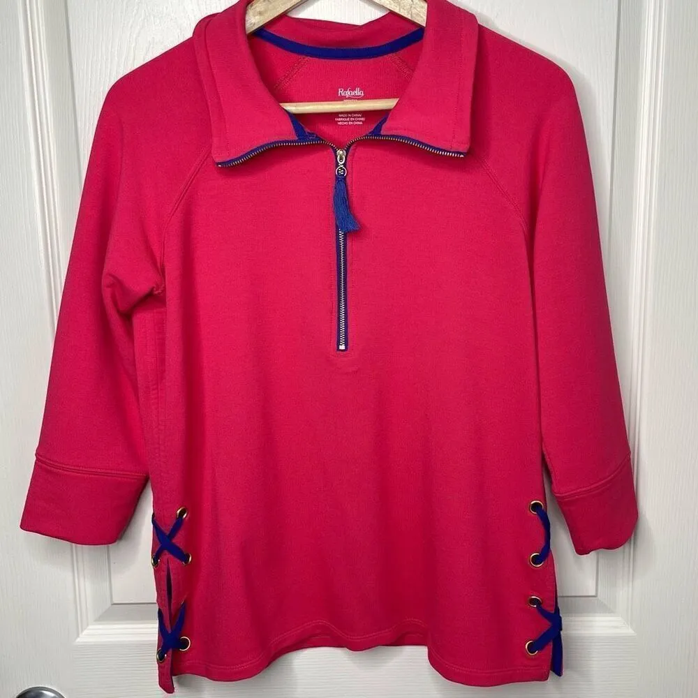 Rafaella 1/2 Zip Lace Up Pullover Sweatshirt (Rose Red) -  Small - Image 2