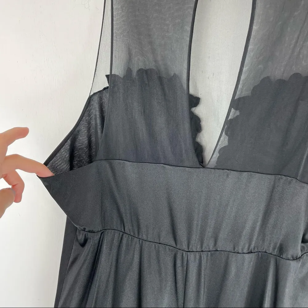 Vintage Vanity Fair Black Satin Maxi Dress Floal Bust Mesh Sz 38 Small Y2K - Image 10