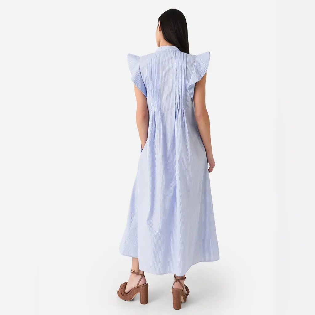 Evi Grintela Mona Midi Dress Blue Stripe XS Ruffle Sleeve Flared Shirt Dress - Image 2