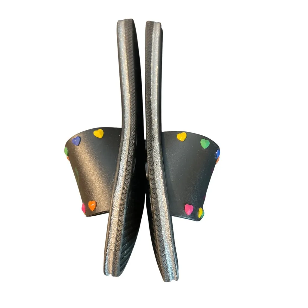 Juicy Couture Black Slides Rainbow Heart Logo Silver Glitter Pride Size 7.5 - Image 3
